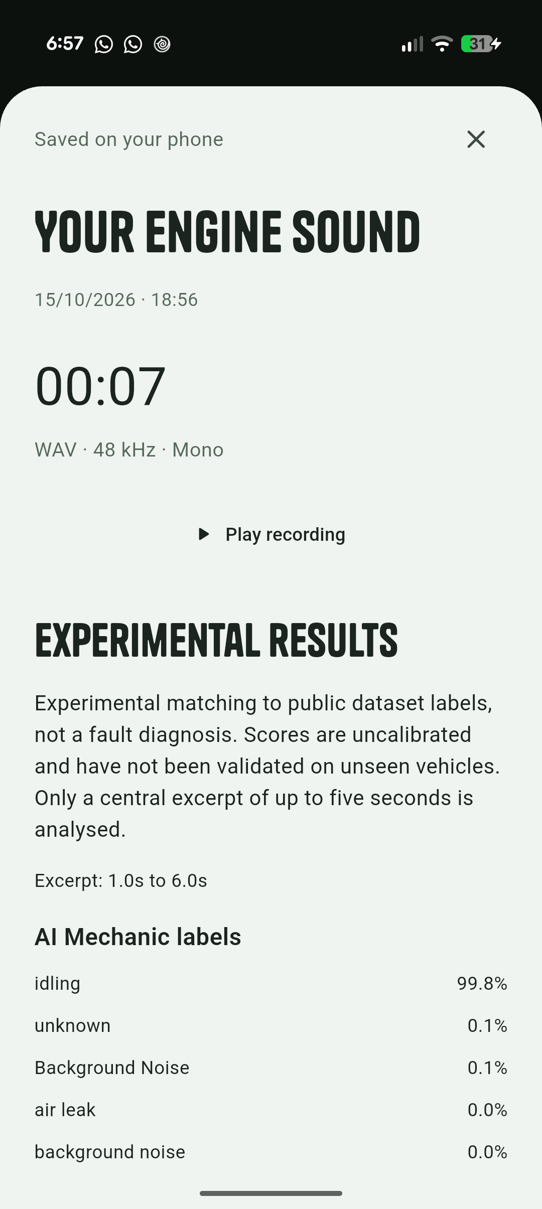 Actual Android test screen showing experimental dataset labels and uncalibrated scores, with a warning that they are not a fault diagnosis.